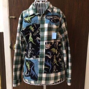 Eddie Bauer Green Plaid Button Down Shirt with Dinosaur Patches